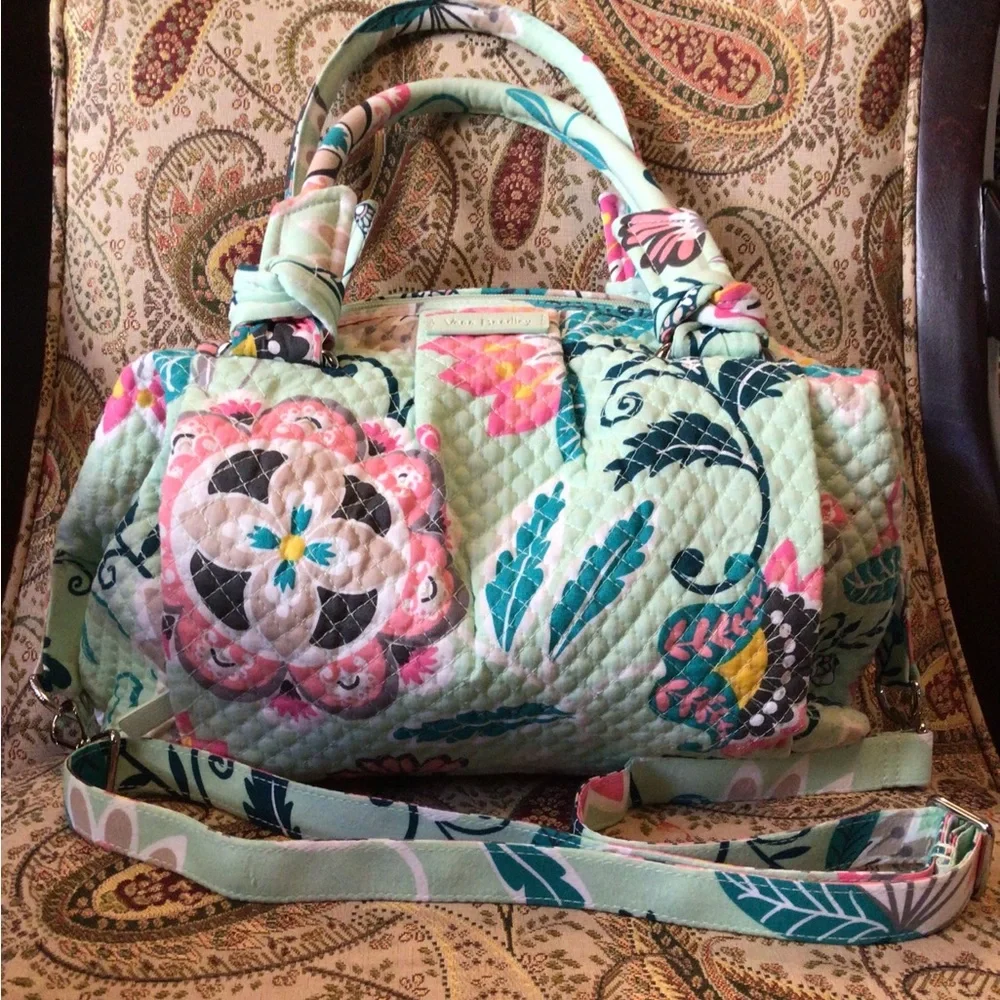 Vera Bradley Iconic Glenna Satchel In Green Mint Flowers Handbag - Picture 7 of 8